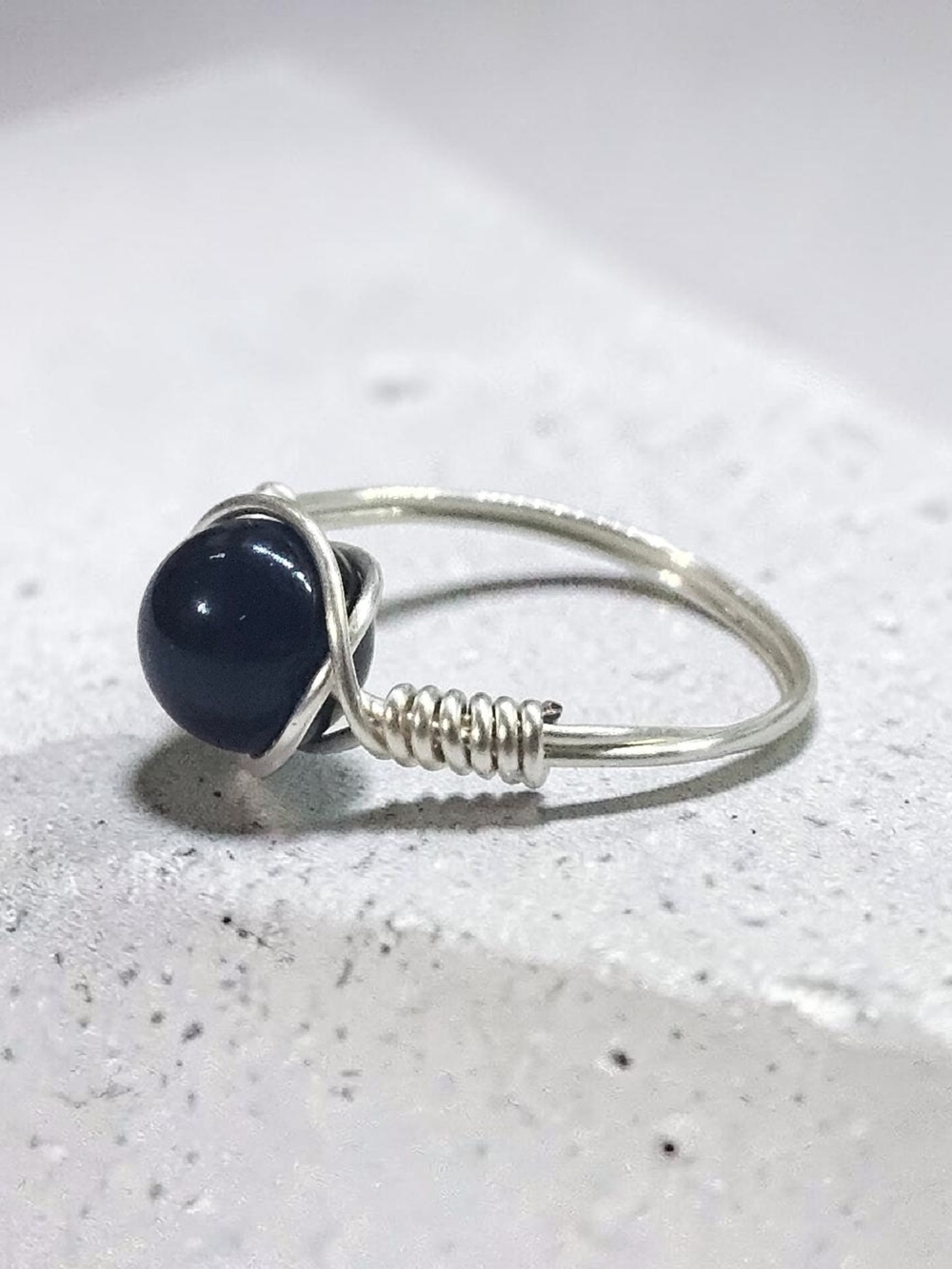 Handmade Silver Wire Wrap Ring with Black Obsidan Stone Bead